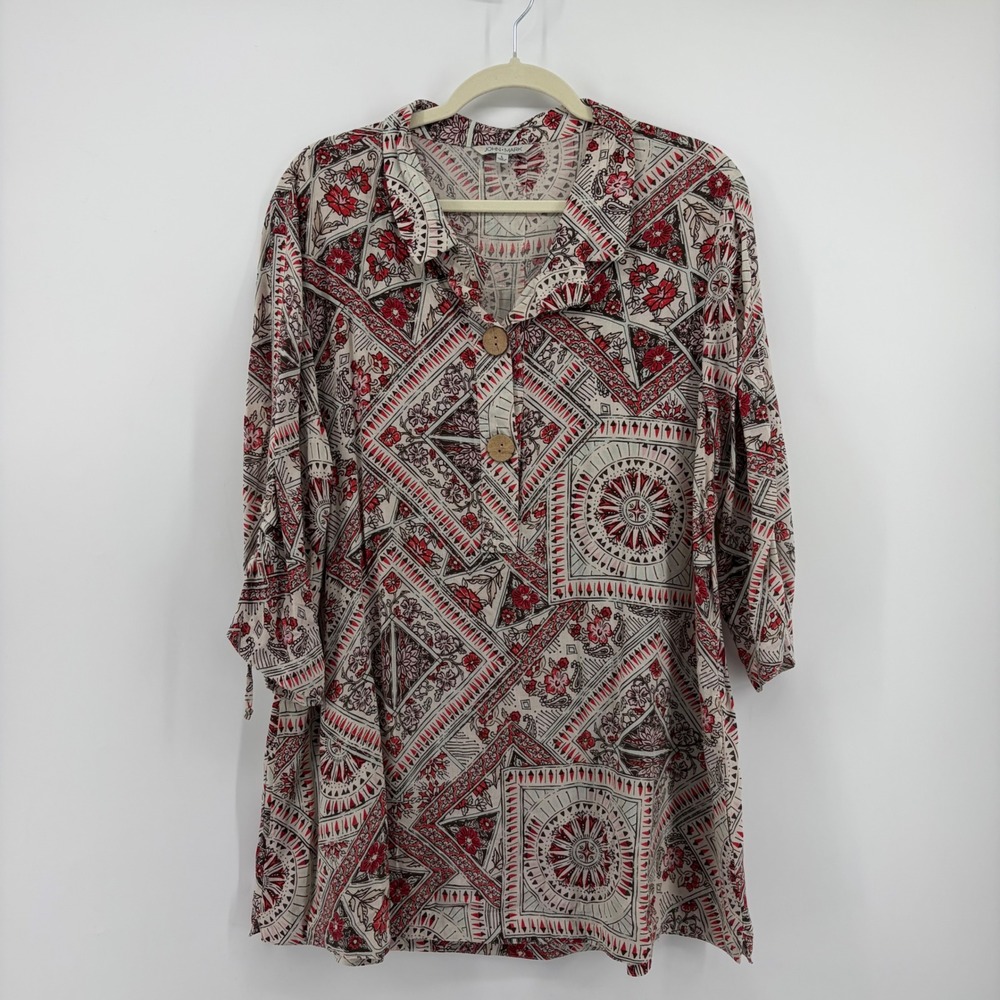 John Mark Womens Large Red Geometric Linen Blend Tunic Top Boho 3/4 Sleeve‎